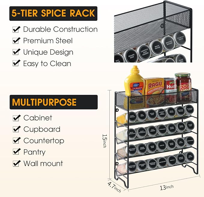 Skiileor Spice Rack Organizer with 28 Spice Jars,Spice Labels and Funnel | 5-Tiers Metal Seasoning Organizer, Kitchen Spice Organization for Cabinet, Countertop, Pantry, Cupboard Door or Wall Mount - Image 2
