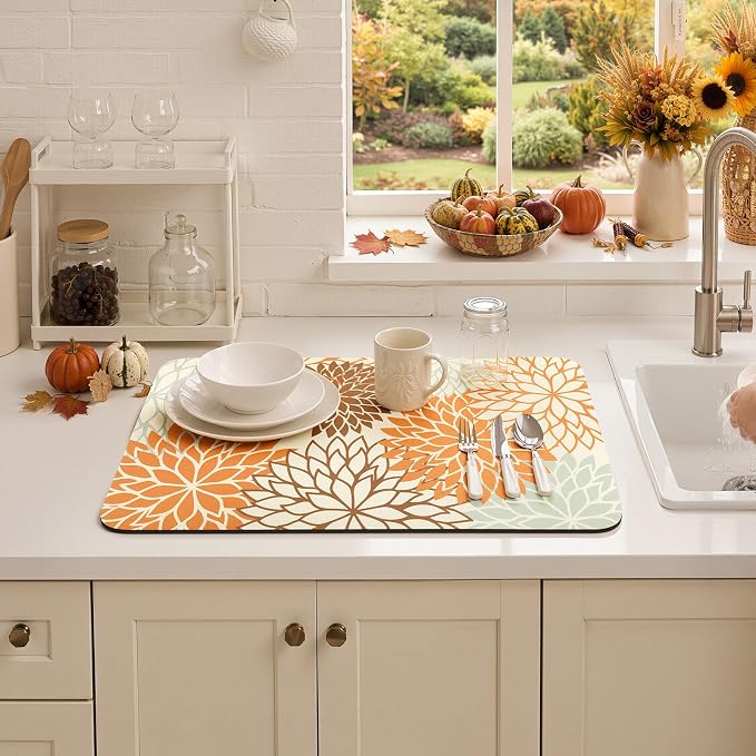 Findosom Fall Dish Drying Mat, 12" x 20" Super Absorbent Dish Mat with Floral, Hide Stain Drying Mat for Kitchen Counter, Under Dish Rack, Coffee Maker, Espresso Machine, Orange - Image 9