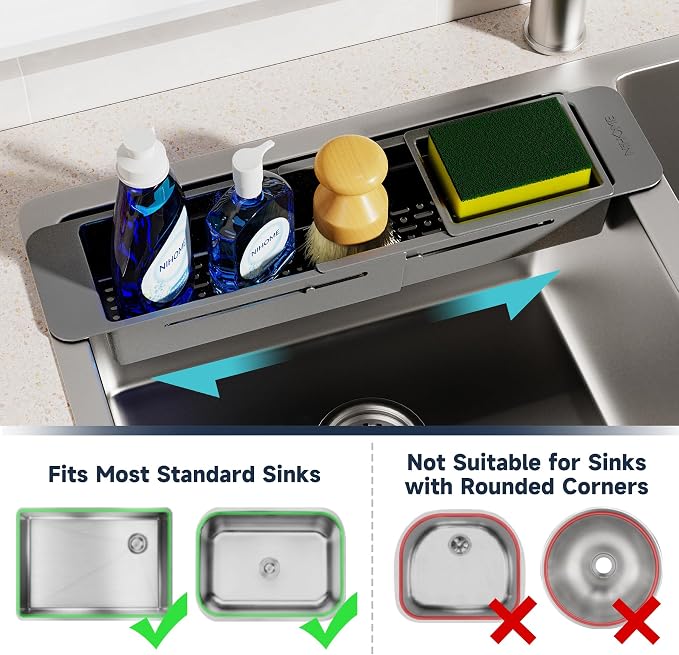 NiHome Extendable Kitchen Sink Caddy, Small Brush Sponge Storage Holder | Expandable Kitchen In Sink Organizer for Brush & Sponge w/ Drainage, Adjustable Length, Non-Slip Pads Durable ABS (Dark Gray) - Image 4