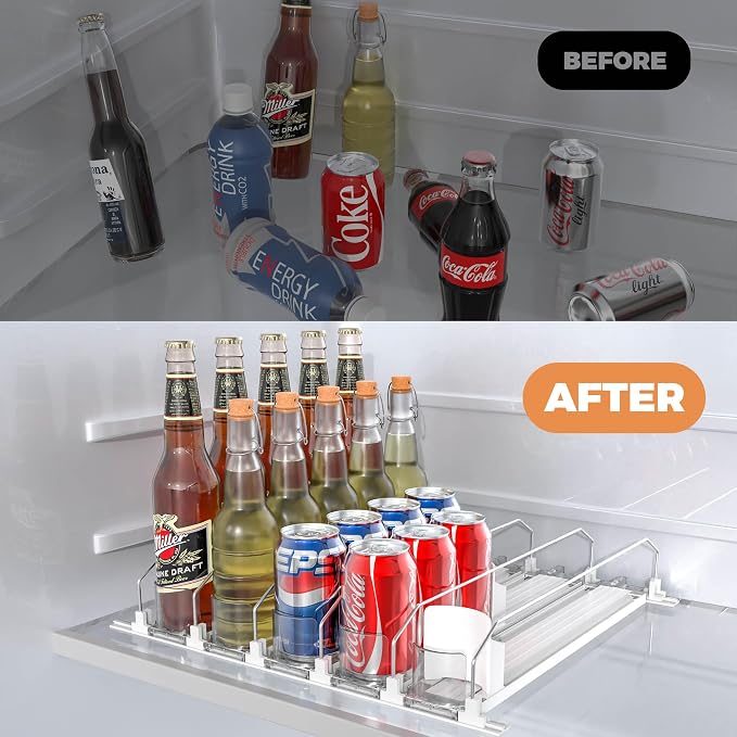 5 Rows Drink Organizer for Fridge, 15'' Soda Can Dispenser for Fridge with Pusher Glide, Width Adjustable Fridge Can Organization Hold Up to 25 Cans (White) - Image 2