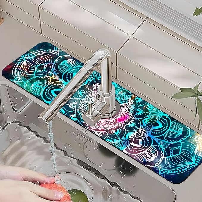 Kitchen Faucet Mat Galaxy Mandala Geometric Star Field Sink Splash Guard Behind Faucet Draining Mat Kitchen Accessories Non-slip Easy to Clean for Bathroom & Kitchen 24"X5.5" - Image 6