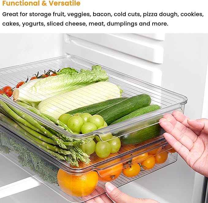 Stackable Freezer Organizer, Flat Produce Saver Sliced Cheese Container with Lids, Freezer Storage Containers Food Storage Tray for Fruits, Vegetables, Meat - Image 3