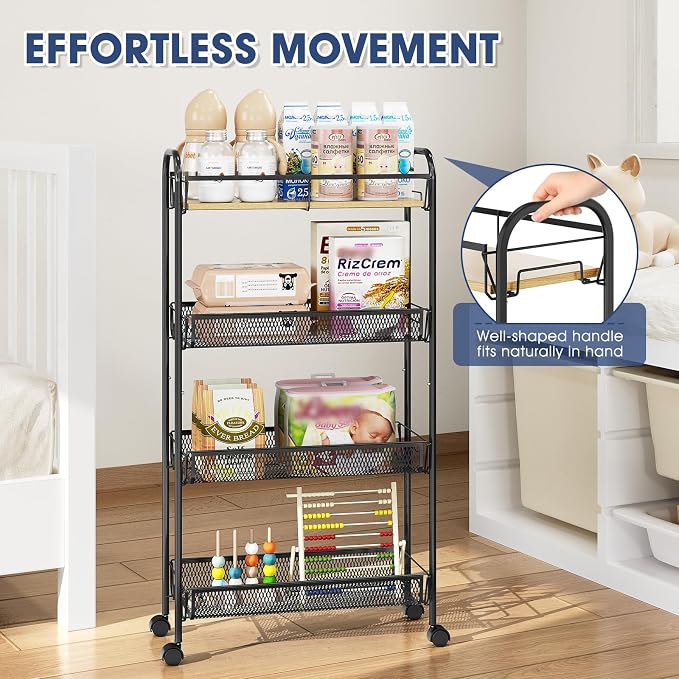 TOOLF 4-Tier Slim Rolling Cart, Metal Utility Cart, Slide Out Storage Cart with Wooden Tabletop and Mesh Baskets for Narrow Space on Kitchen Bathroom Laundry Room Bedroom Apartments Dormitory - Image 3