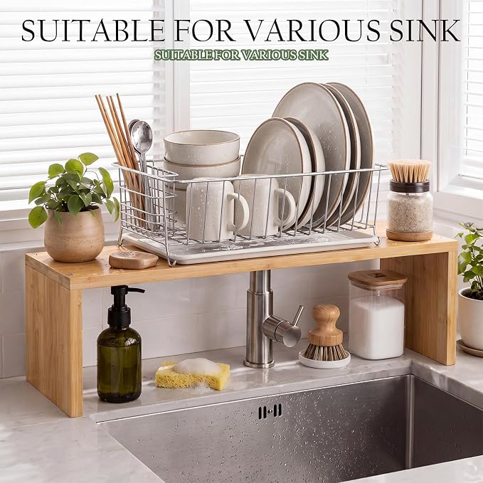 Bamboo Over the Sink Shelf Bathroom Shelf Organizer Over the Faucet Wood Pedestal Soap Stand Farmhouse Bathroom Decor Over the Sink Shelves(29.92 x 7.87 x 10.04 Inches,Bamboo Color) - Image 5