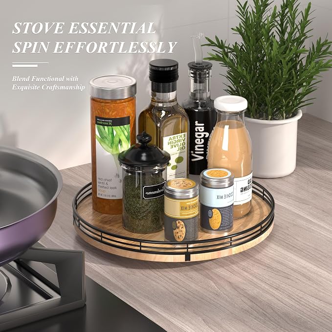 AMH 12-Inch Farmhouse Oak Lazy Susan Organizer | Smooth rotating oak tray with walnut finish for dining tables, kitchen counters, pantries and cabinet storage. - Image 2
