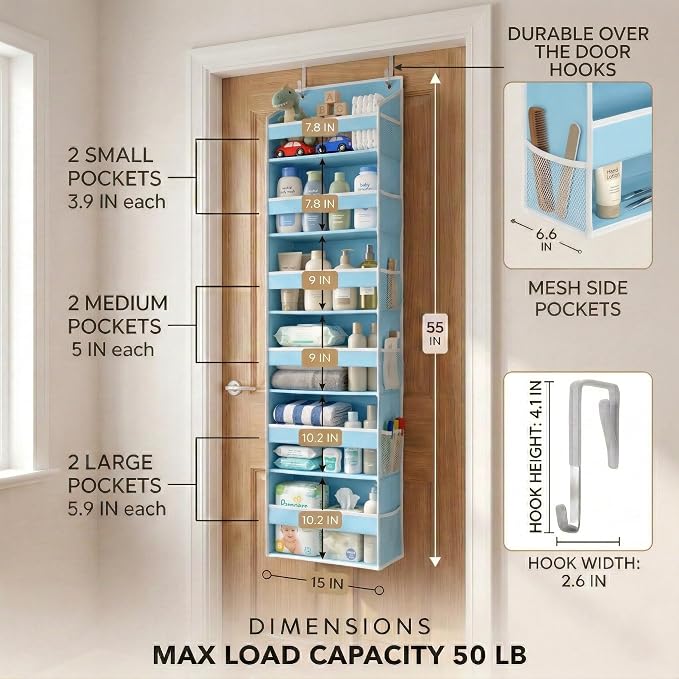 Over the Door Organizer, 6-Tier, 100D Fabric, Baby Blue 1pc | Over the door shoe organizer, 50 lbs capacity, 12 side mesh pockets, 100D extra thick fabric, Closet & entryway storage - Image 3