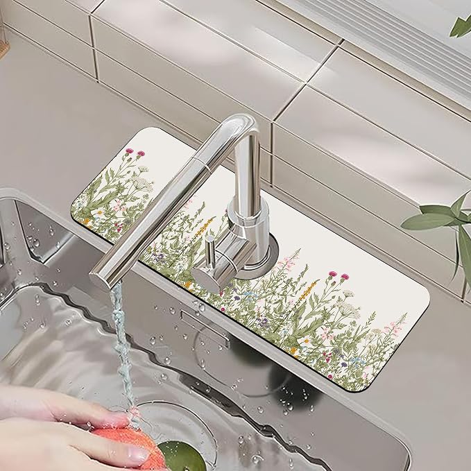 Faucet Mat for Kitchen Sink Watercolor Floral Herbs Sink Splash Guard Behind Faucet Soft Diatom Mud Material Non-slip Easy to Clean for Bathroom & Kitchen 15"X5.5" - Image 6