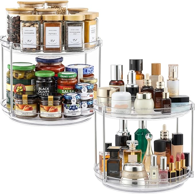 2 Set 2 Tier Non-Skid Acrylic Lazy Susan Organizer - Rotating Spice Rack - Turntable Spinning Organization for Kitchen, Pantry, Countertop, Closet, Bathroom, Vanity, Medicine Cabinet Organizing, 12'' by MakeLifeBetterEasier