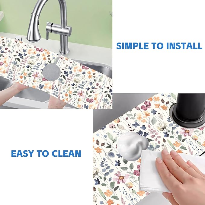 Vintage Watercolor Floral Kitchen Sink Splash Guard Mat Absorbent Fast Drying Mat Faucet Draining Mat Sink Splash Guard Behind Faucet Drip Catcher for Kitchen Bathroom 5.5"×24" - Image 5