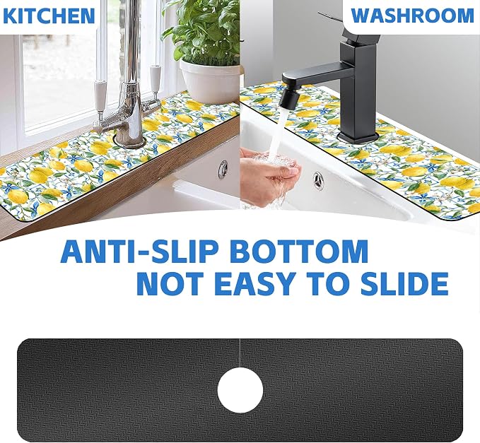 Faucet Mat for Kitchen Sink Watercolor Lemon Blue Geometric Sink Splash Guard Behind Faucet Soft Diatom Mud Material Non-slip Easy to Clean for Bathroom & Kitchen 24"X5.5" - Image 7