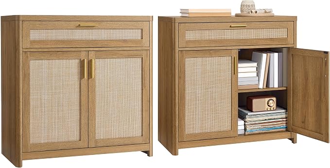 VASAGLE ELLAN Collection - Boho Buffet Cabinets with Rattan-Look Doors, Sideboard Storage Cabinet, Rounded Corners, Adjustable Shelf, Drawer, for Dining Room, Set of 2, Natural Brown UBBK601KC01-2J by Unknown