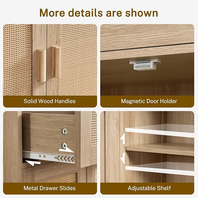 47.2" H Tall Storage Cabinet with Adjustable Shelf, Rattan Cabinet, Cupboard for Living Room, Dining Room, Entryway, Home Office, Natural - Image 7
