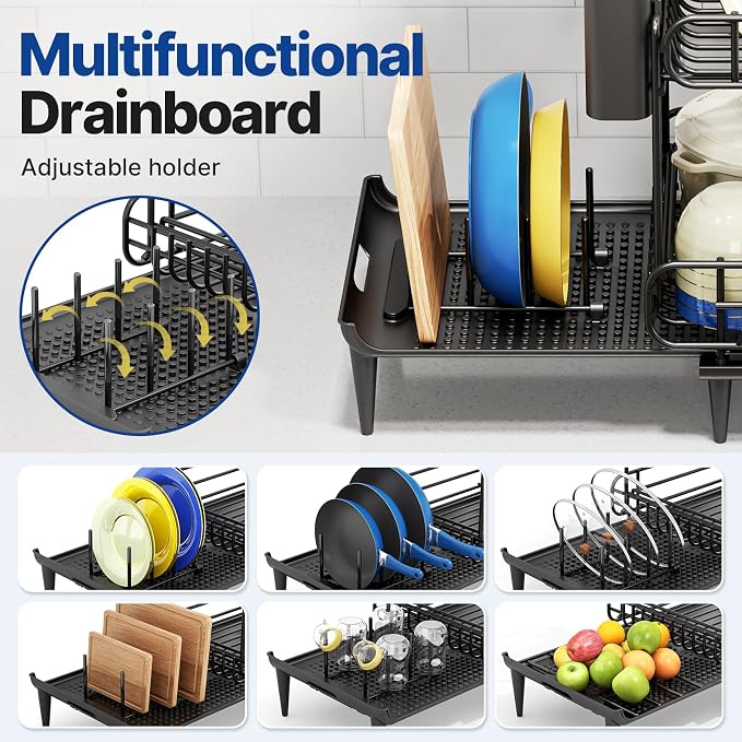 Urackify Dish Drying Rack for Kitchen Counter, Expandable 2 Tier Dish Rack, Large Capacity Dish Drainer with Drainboard Multifunctional Dish Strainer with Removable Cutlery Holder Black | 2 Tier. Expands from 16.9 to 26.6 inches to fit more dishes, wit... - Image 5