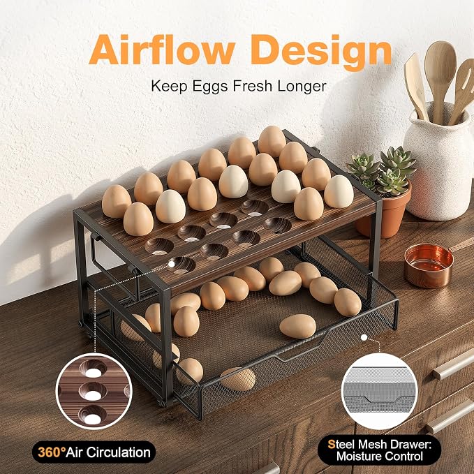 Compact 2-Tier Wooden Egg Holder with Basket, Holds 84+ Eggs | Wooden 2-tier egg holder with basket & carry handle , holds 24+60 chicken, duck & quail eggs - Image 5