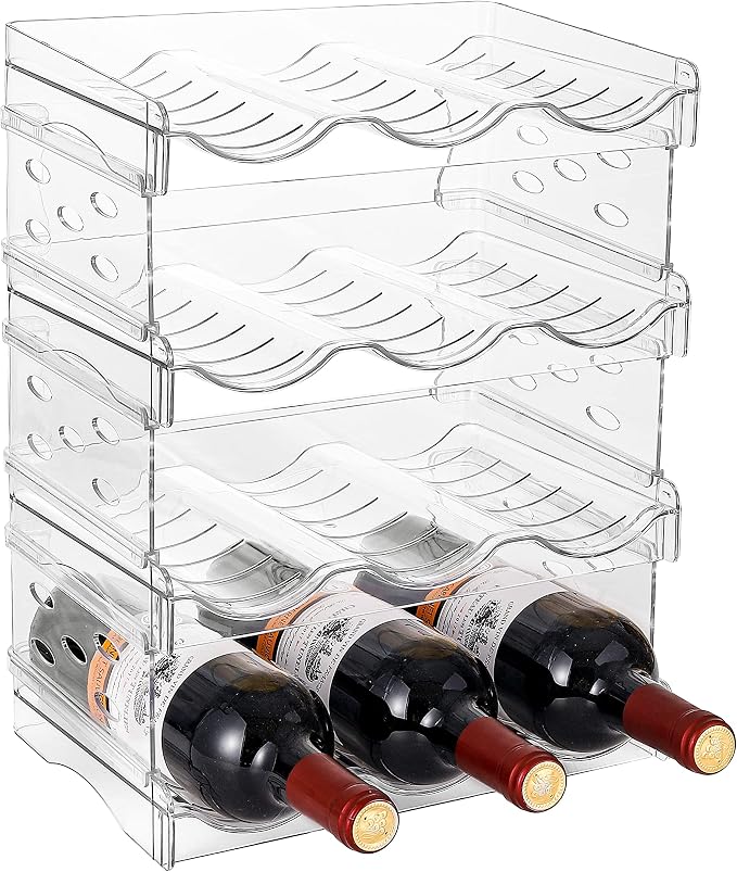 4 Pack Stackable Wine and Water Bottle Holder Free-Standing Fridge Wine Bottle Organizers Clear Plastic Water Bottle Holder for Cabinet,Refrigerator,Pantry,Kitchen Countertops,Holds 12 Bottles by IEEK