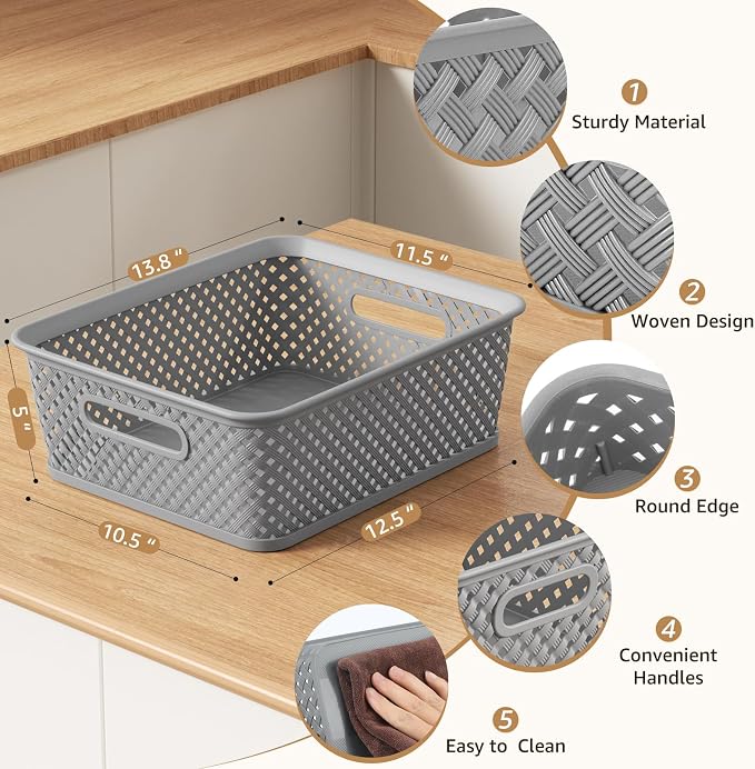 MaxGear 3 Pack Plastic Storage Baskets, Large, Grey | Durable Woven Plastic with Built-In Handles, Suitable for Shelves, Closets, Cabinets, Bathrooms and Offices - Image 2