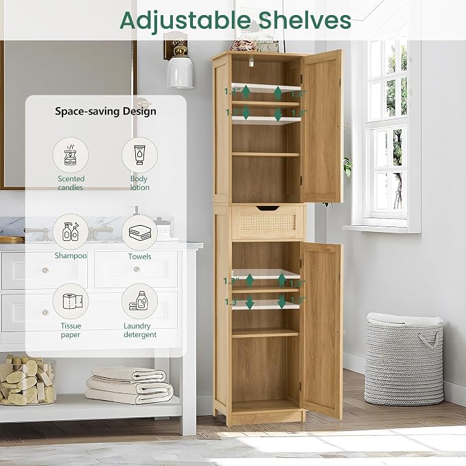 Iwell Tall Narrow Storage Cabinet with Doors, Rattan Cabinet with Adjustable Shelves, Freestanding Linen Storage for Living Room, Entryway, Kitchen, Bathroom, Natural - Image 4