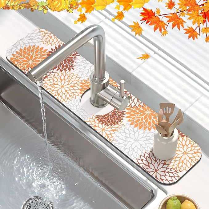 Findosom 2PCS 17" x 32" Fall Dish Drying Mat & 24" x 5.5" Sink Splash Guard, Super Absorbent & Cuttable Dish Mat Drying Kitchen Mat with Orange Floral, Hide Stain Drying Mat for Kitchen Counter - Image 4