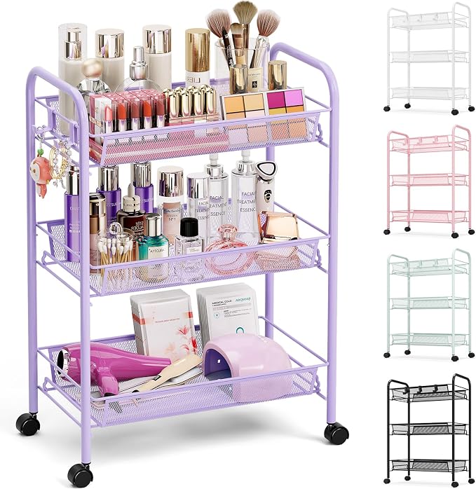 TOOLF 3 Tier Rolling Cart, Metal Utility Storage Cart with Wheels, Purple | 3 Hooks, Screwless Assembly, Trolley Organizer for Bathroom, Kitchen, Office, Nursery, Dorm, Laundry Room by TOOLF
