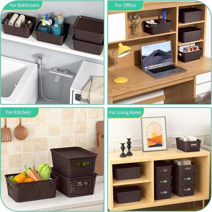 8 Pack Plastic Storage Baskets,Brown Stackable Bins with Lid | 5.3qt Storage Containers with Labels for Organizing Shelves Drawers Desktop Closet Playroom Classroom Office - Image 7