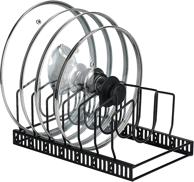 Toplife Pot Lids Organizer Rack for Cabinet and Countertop, 7+ Pan Lids and Bakeware Organizer Rack Holder with 7 Adjustable Compartments - Black by Toplife