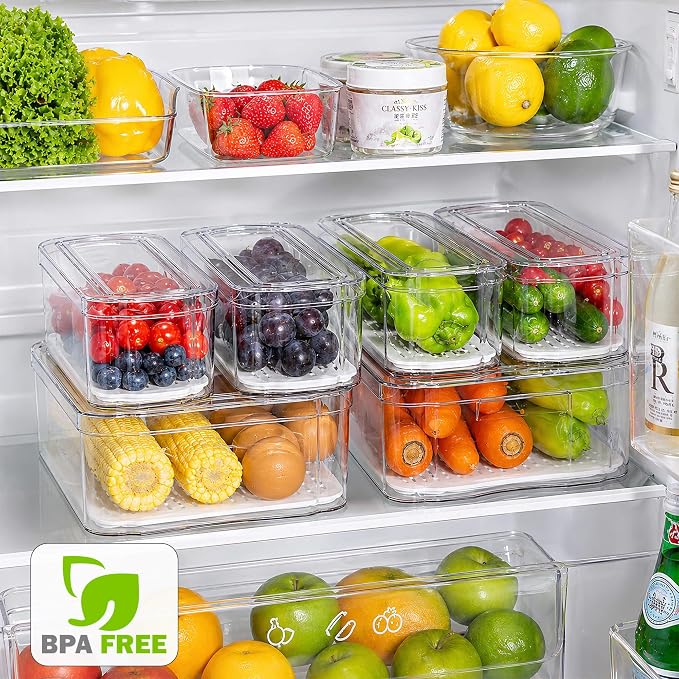 SMRCAD Clear Fridge Bins with Drain Trays - BPA-Free PET, Stackable | 10 Pack: 10 lidded Bins, Helps Keep Produce Fresh, 17.4L Capacity, Hand Wash Only - Image 2