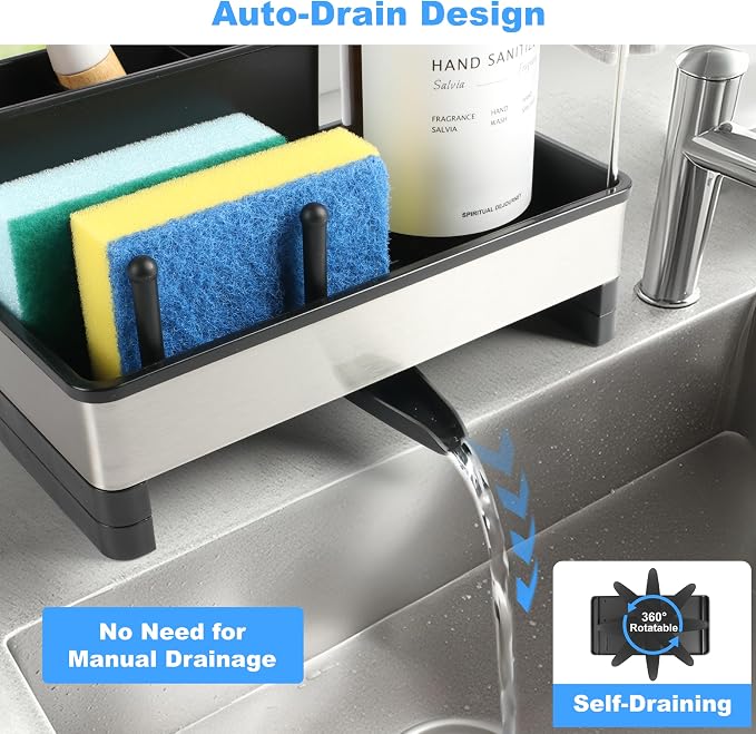 Sponge Holder for Kitchen Sink Caddy Organizer, Dish Brush Holder | Stainless Steel Sponge Caddy for Kitchen Countertop Organizer, Rustproof Dish Soap and Sponge Rack with Dishcloth Drying Rack - Image 3