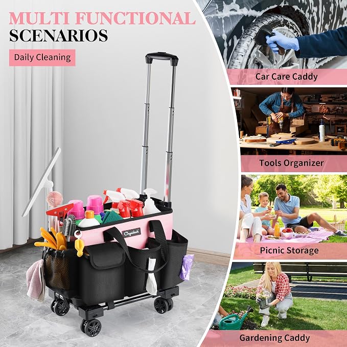 Chyaidach Rolling Cleaning Caddy, Cleaning Supplies Organizer with Trolley, Wearable Cleaning Tote Bag on Wheels with Hard Bottom, Cleaning Carts for Housekeepers/Home/Car/Office/Picnic (Pink) - Image 7