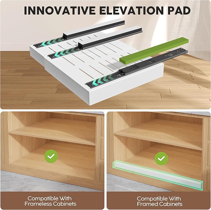 Seinloes 6 Pack Pull Out Cabinet Organizer 21"Deep with Raising Pad for Framed Cabinets,Expandable Slide Out Drawers with 4pcs Divider Racks,Roll Out Shelf Adhesive,Adjustable Width 12.05"-20.4"White - Image 2