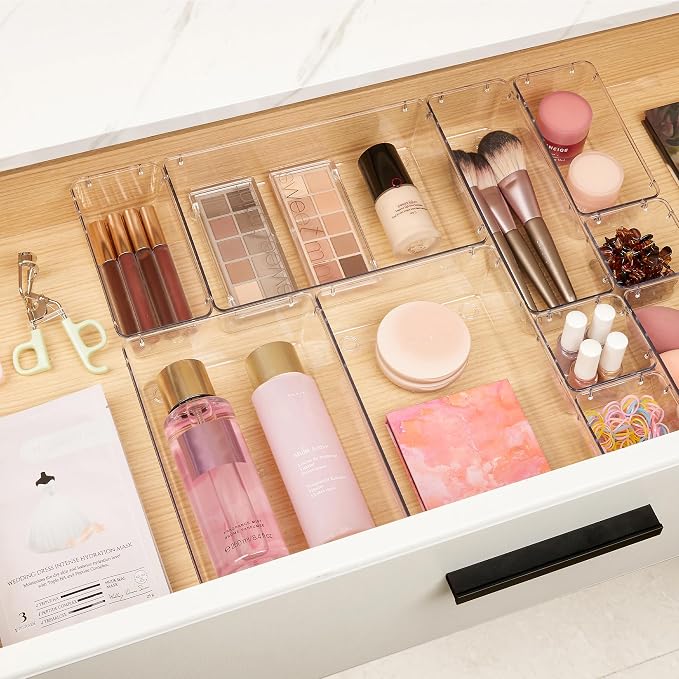 Vtopmart 10 Pack Clear Drawer Organizer Bins, 4 Sizes Makeup Storage Trays | Makeup & Vanity Storage Organizers for Drawers, Bathroom, Office and Daily Essentials, Clear Acrylic Bins Keep Items Sorted - Image 3