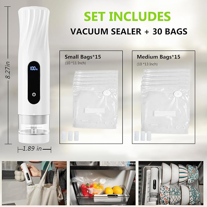 Compact Vacuum Sealer for Food Storage: Portable Handheld Food Sealer, 80kPa Suction, 1800mAh Battery, 30 Reusable Vacuum Bags, Preserve 5X Freshness with Easy Operation - Image 4