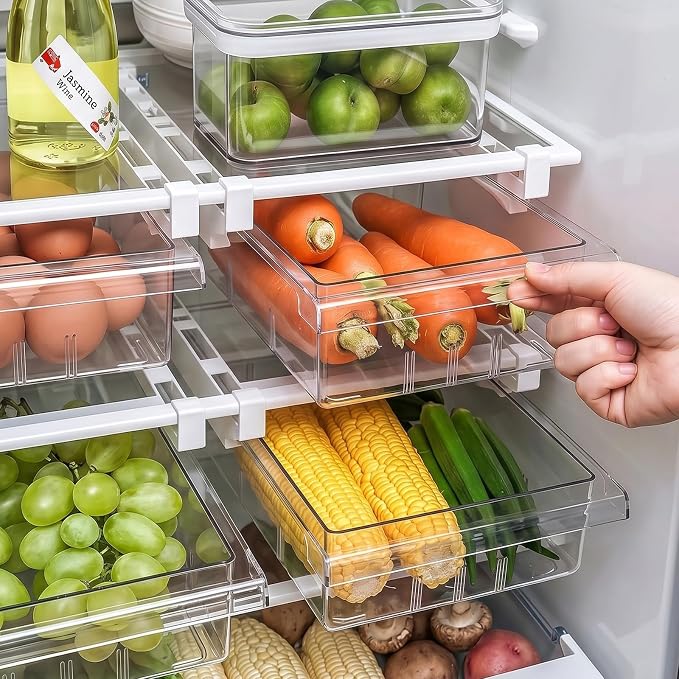 2 Pack Fridge Drawer Organizer Pull-Out Under Shelf Storage Bin | BPA-Free Clear Space-Saving Storage - Image 3