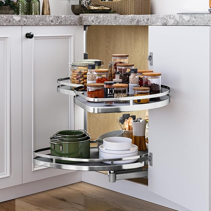 DWVO Corner Cabinet Organizer, 2-Tier Blind Corner Pull Out with 270° Rotating Shelf, Right Swing Tray, Heavy-Duty Iron, Easy-Install Template, 32.7"x17.3"x21.3", Gray - Image 7