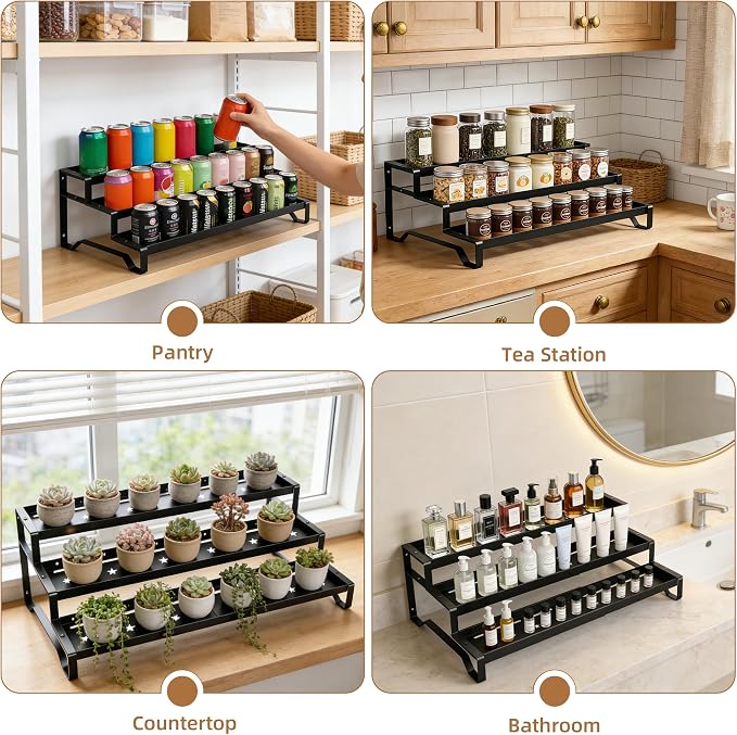 Expandable Spice Rack Organizer for Cabinet 3 Tier Spicy Shelf Black 1Pack | Adjustable Length 13"-21", Easy to See Labels, Sturdy Metal, Slip-Resistant Guardrails for Jars, Cabinet & Countertop Storage - Image 4