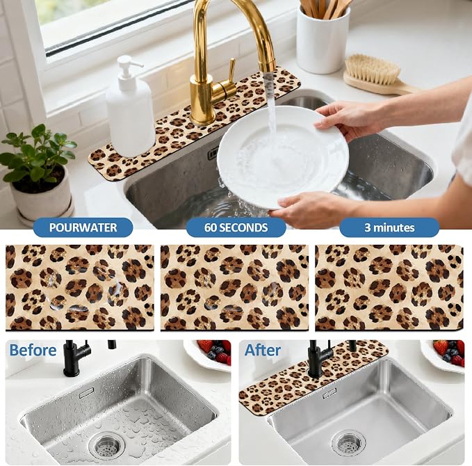 2 Pcs Kitchen Sink Splash Guard Faucet Mat Leopard Print Faucet Mat for Sinks Absorbing Drying Mats for Kitchen Bathroom, 23.6x5.5inch - Image 5