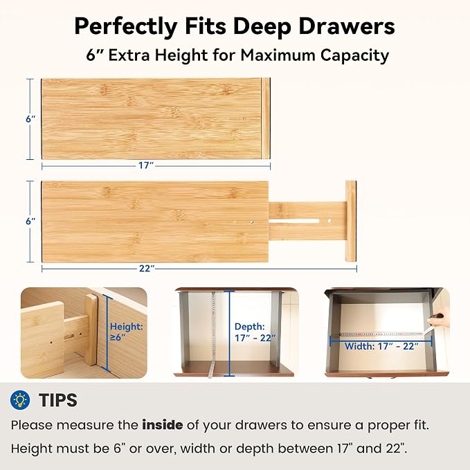 4 Pack 6" Deep Bamboo Drawer Dividers, 17-22" Expandable Kitchen Organizers | Adjustable Spring-Loaded Tension Separators with Foam Pad for Clothes, Utensils, Kitchen, Dresser, Nursery & Bathroom - Image 2