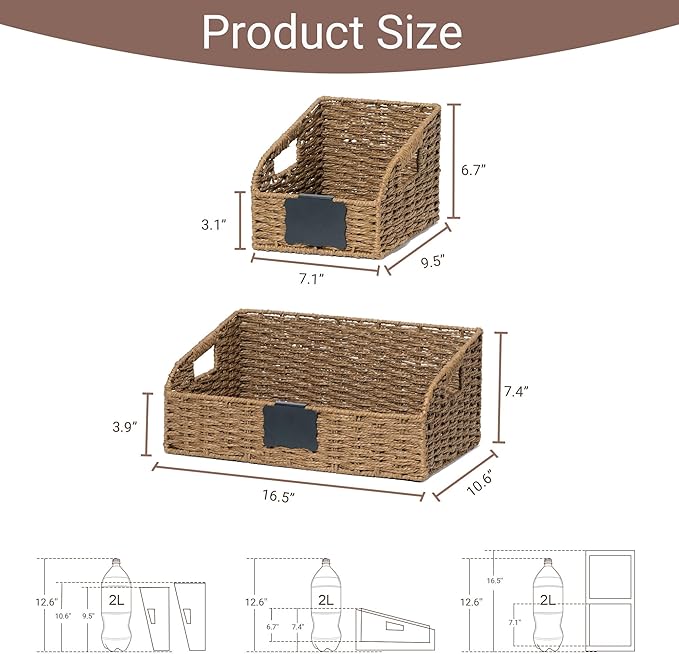 Wicker Baskets for Organizing, Pantry Baskets with Built-in Handles, Handwoven Large Storage Basket - Paper Storage Bins for Shelves, 3 Pack, Brown - 2 Set - Image 3
