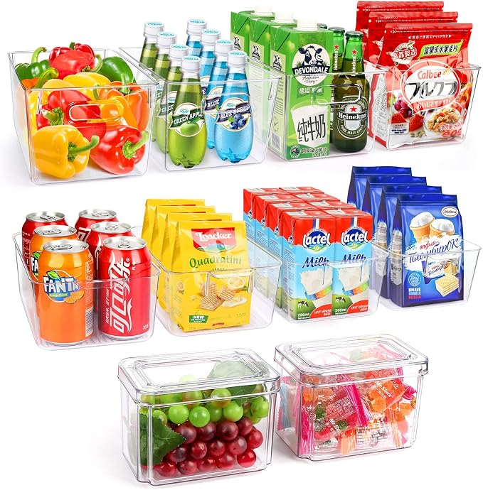 Set Of 10 Refrigerator Pantry Organizer Bins, Clear Plastic Food Storage Bins for Kitchen, Countertops, Cabinets, Fridge, Freezer, Bedrooms, Bathrooms, Fridge Organizer Bins Pantry Storage Containers by YKIOKE