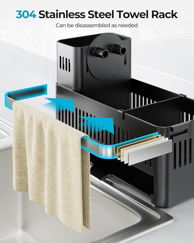 Nieifi Sponge Holder, Black Rustproof ABS Sink Caddy with Towel Rack | Smiley Sponge and Brush Holders with Drainage to Keep Items Dry. 10"W x 4.5"D. Kitchen Counter Organizer & Essential Storage. - Image 4
