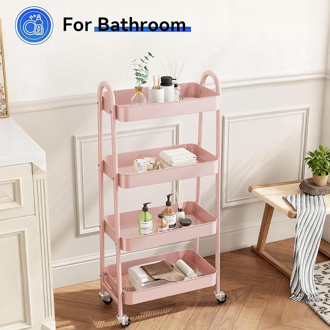 NEWBULIG 4-Tier Metal Rolling Storage Utility Cart with Lockable Wheels | Mobile Organizer Shelf, Space-Saving, Freestanding, Bathroom, Living Room, Slim, Narrow Corner Spaces, Pink - Image 5
