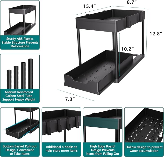 MEAFBIRD 2 Pack Under Sink Organizer, 2 Tier Bathroom Cabinet Organizer with Sliding Basket, Multi-Purpose Under Sink Organizers and Storage for Bathroom Kitchen (Black 2 Pack) - Image 2
