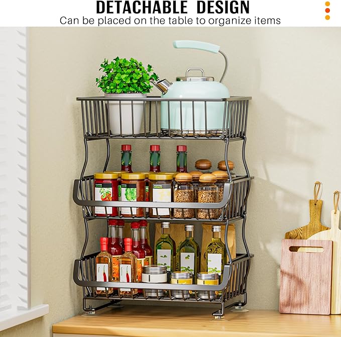 Gsiekare 3-Tier Rolling Pantry Organizer and Storage Cart with Wheels | Stackable wire pantry baskets for pantry shelves, fruit basket stand, easy to move, storage rack for food snack onion potato - Image 6