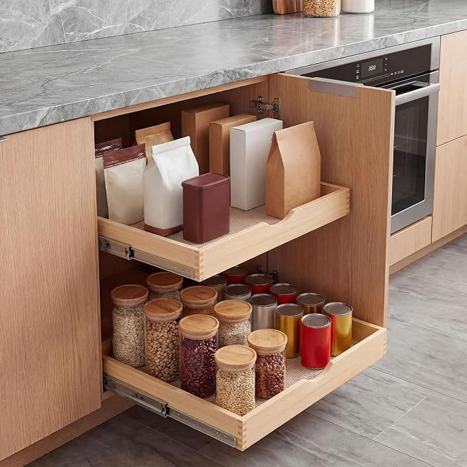 2 Set Wooden Pull out Cabinet Organizer Fully Assembled Slide out Pantry Drawer with Gentle Close Storage Shelf Tray for Base Kitchen Under Sink Bathroom Accessory(Wood Color,21'' X 21'' X 3'') - Image 6