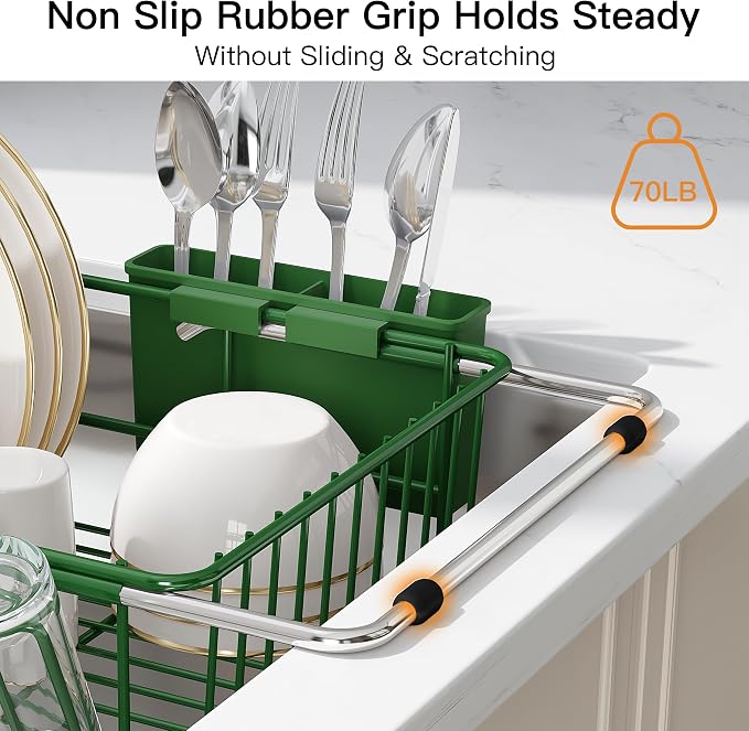 JASIWAY Green Dish Drying Rack in Sink, Dish Drainer with Utensil Holder | Over The Sink Expandable Stainless Steel Strainer Dryer Rack for Small Kitchen, Counter Space Saving, Fast Drain, Rustproof - Image 8