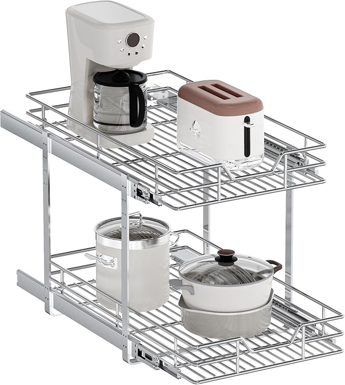 2-Tier Pull Out Cabinet Organizer, 16.5" W x 21.5" D, Heavy Duty Dual Slide Out Shelves for Base Cabinets, Chrome Wire Basket Drawer for Pantry, Kitchen & Bathroom Storage by Unknown