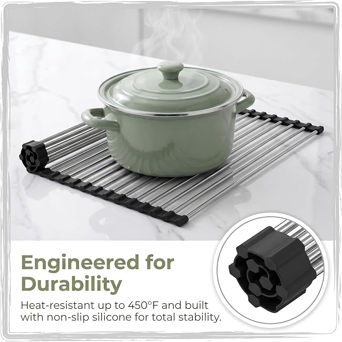 Roll Up Dish Drying Rack for Over Sink - 17.5"x15.7" Foldable Stainless Steel Kitchen Drainer, Black - Image 5