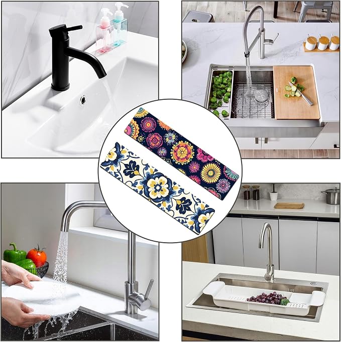 Bimkole 2 PCS Faucet Absorbent Mat, Kitchen Faucet Sink Splash Guard Wraparound Cloth Pads Drip Catcher for Sink Faucet for Kitchen Bathroom Faucet, Colorful Faucet Mat, 15 x 4 Inch Flower A6 - Image 7