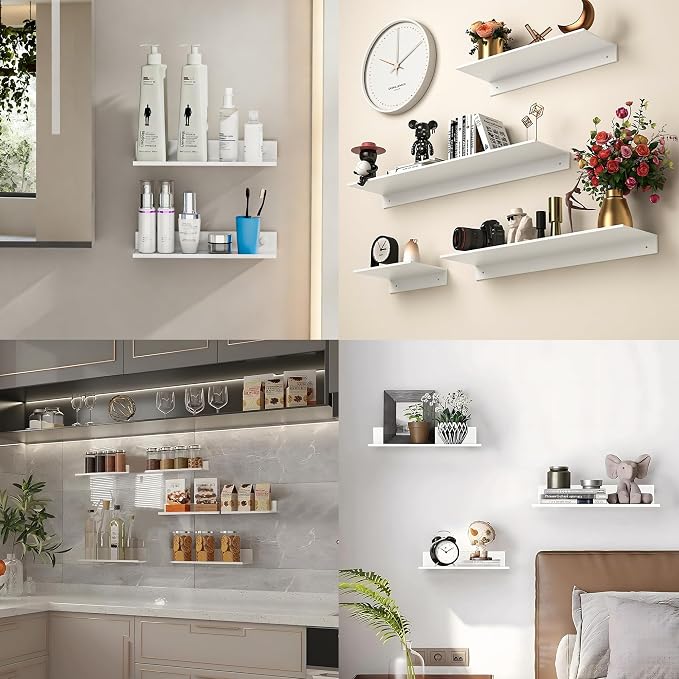 HNVNER Adhesive Bathroom Shelves 2 Pack, Metal Floating Wall Shelf, 30cm | White Shower Caddy, Wall Storage Decoration, Supports 5kg, Screw/No Drilling, Renter-friendly, Rustproof & Waterproof - Image 7