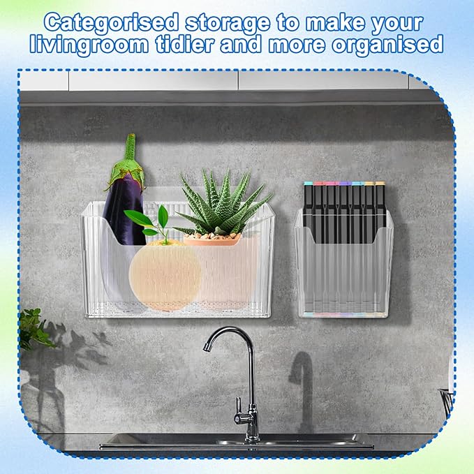 8 Pcs Storage Organizer Bins - Wall Mounted Basket in 2 Sizes, Clear Cabinet Door Stackable Adhesive Hanging Bin for Bathroom, Kitchen, Pantry - Image 5