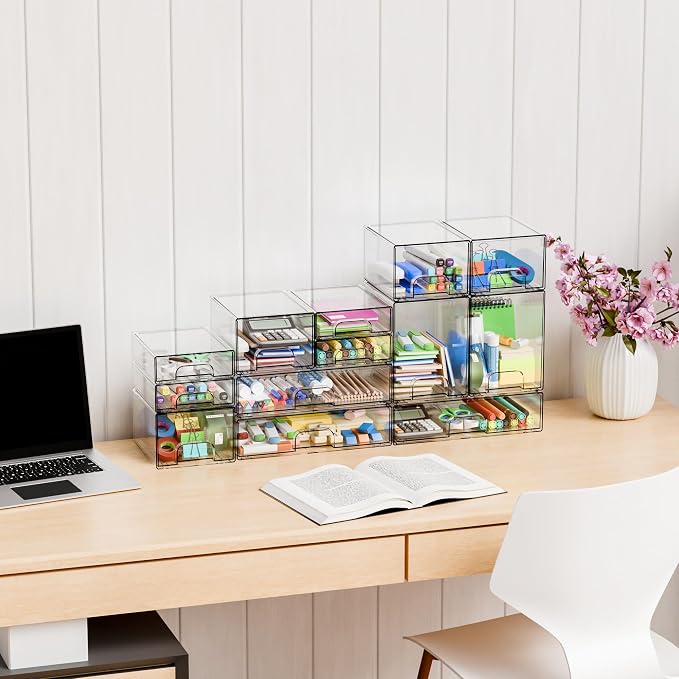 2.2'' Tall Small Clear Stackable Storage Drawers,6 Pack Stacking Acrylic Organizers Drawers for Hair Accessories,Makeup,Pen,Art Crafts,Office Supply Organizer and Desktop Plastic Mini Drawers - Image 2